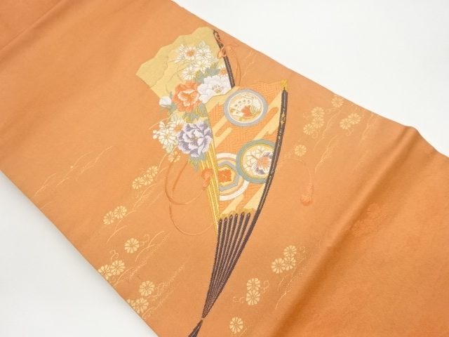 扇に花々・蝶模様織出し名古屋帯